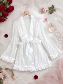 Jubah Lembut Nyaman dengan Hiasan Renda untuk Musim Semi/Panas dan Sabuk, Piyama Pesta Wanita, Jubah Pagi Elegan untuk Semua Musim - Putih - View 7