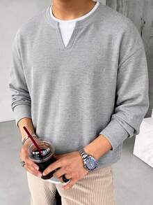 Blueprint Man 1pc Men's Gray 2 In 1 Henley Collar Long Sleeve Sweatshirt, Fine Vertical Textured Fabric, Soft And Breathable, Unique Small V-Neckline For Layered Look, Solid Color Minimalist Style, Suitable For Commuting, Daily Wear And Travel - Grey - View 1