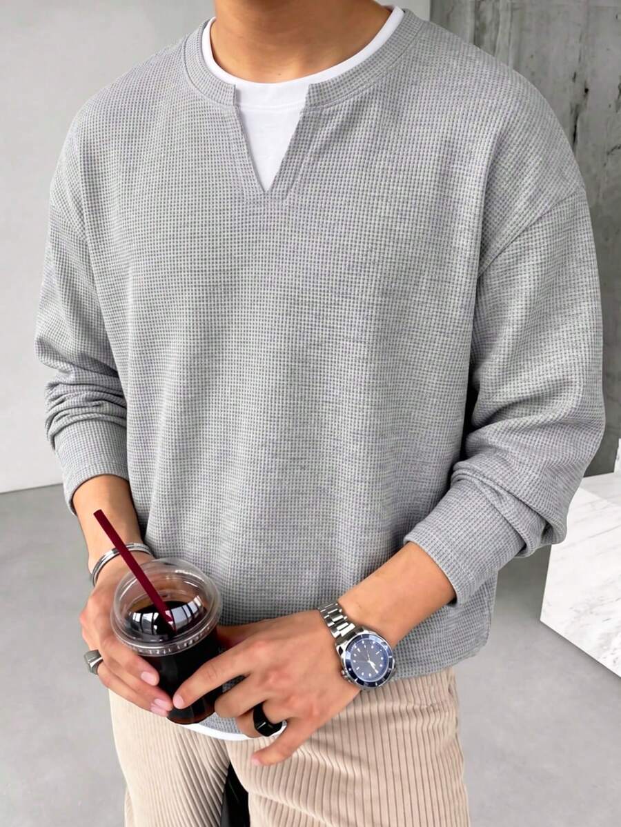 Blueprint Man 1pc Men's Gray 2 In 1 Henley Collar Long Sleeve Sweatshirt, Fine Vertical Textured Fabric, Soft And Breathable, Unique Small V-Neckline For Layered Look, Solid Color Minimalist Style, Suitable For Commuting, Daily Wear And Travel - Grey - View 1