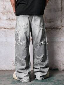 Skyrend Wasteland Dirty Wash Distressed Wide Leg Jeans Men Loose Beggar Pants Hip Hop Straight Leg Pants Fall/Autumn/Winter Grunge - Grey - View 2
