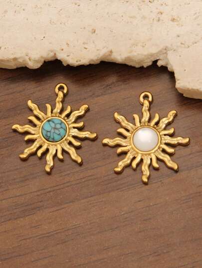 2pcs Stainless Steel Natural Stone Sun Pendant Findings Fashion Turquoise Sun Charms For DIY Jewelry Making Supplies Accessories