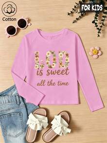 Girls Cotton Raglan Long Sleeve Tee, Autumn Winter Top With Floral Print & Sweet Saying, Cute Girly Preppy Style - Light Wine Red - View 3