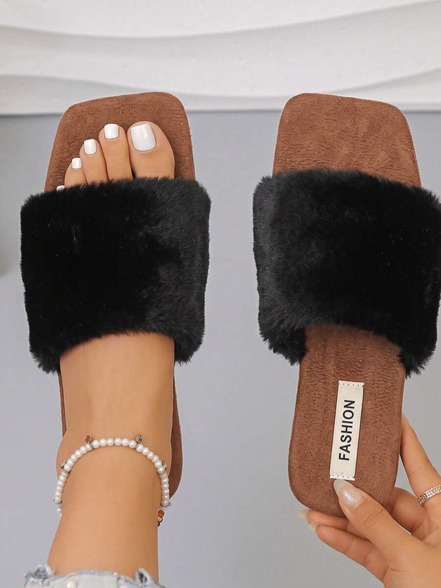Plus Size 35-41 Classic Minimalist Fashion Black & Brown Color Block Women's Fuzzy Square Toe Open Toe Flat Slippers, Lightweight Comfortable Non-Slip Wear-Resistant Versatile Home Casual Slippers - Black - View 1