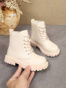 1 Pair Kids' Beige Ankle Boots, Soft PU + Front Lace-Up Design, Casual Cargo Style Style Motorcycle Boots, Suitable For Daily School, Vacation, Autumn/Winter New - Beige - View 4