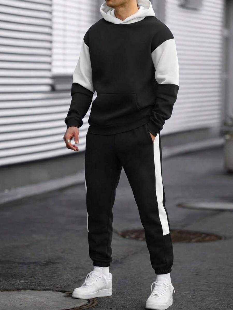 2pcs/Set Boys' Casual Fleece Hooded Sweatshirt And Joggers Set, Suitable For Travel And Home Wear, Autumn/Winter - Black - View 1