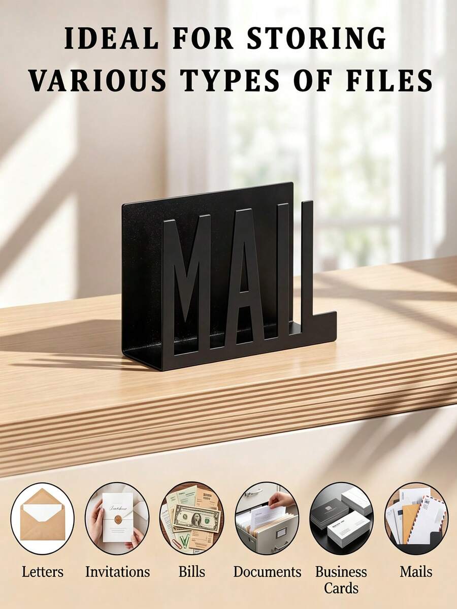 Modern Aesthetic Black Metal Hollow Letter Organizer, Desktop Mail Sorting File Rack, Office Envelope Document Storage, Minimalist Decor - Multicolor - View 1