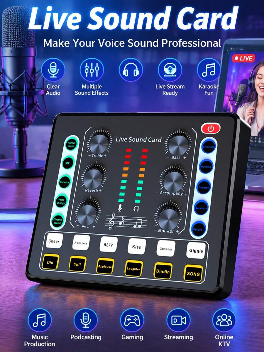 Kartu Suara Langsung untuk Podcast, Paket Studio Rekaman 800mAh dengan Pengubah Suara, Kartu Suara Langsung - Antarmuka Audio untuk Laptop Komputer, Siaran Langsung, Streaming Langsung, Mixer Audio Kartu Suara Langsung - View 1
