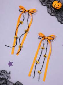 2pcs Pumpkin Ribbon Hair Clips, Cartoon Pumpkin Pendant Orange Ribbon Bow Beads Hair Clips, Halloween Party, Cosplay And Dress Up - Multicolor - View 4
