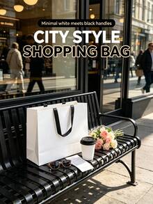 1/5pcs White Minimalist Paper Gift Bags With Black Satin Ribbon Handles, Suitable For Clothing Store Gift Packaging, Wedding Party, Birthday Gift, Holiday Gift Storage, Cosmetics, Multi-Purpose Shopping Packaging Bags - Multicolor - View 6