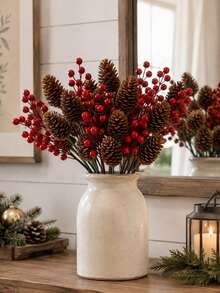40pcs Pine Cone And Red Berry Decorations | Realistic Plastic Branch Christmas Tree Decor | Winter Wedding And Wreath Centerpiece Decorations | Durable Pine Cone And Red Berry Ornaments | Holiday Berry Wreath Accessories - Multicolor - View 8