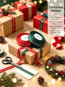 Christmas Ribbon - Red And Green Color Scheme, Printed With "Merry Christmas", Suitable For Gift Wrapping, Wreaths, Crafts, Decorations, Holiday Decor, Decorative Stripes, Smooth Surface - Multicolor - View 3
