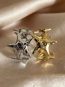 2‑Color Starfish Open Cuff Ring, Adjustable Textured Spiral Ocean Style Finger Ring, Gold & Silver Tone Beach Vacation Statement Jewelry For Women - Star - View 7