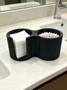 1pc Minimalist Striped Cosmetic Storage Box, Creative Cotton Swab Holder, 2-In-1 Bathroom Cotton Swab Box, Countertop Organizer, Bedroom Vanity High-V Decor, Mother's Day Gift, Modern Cream Style New Home Gift - Multicolor - View 3