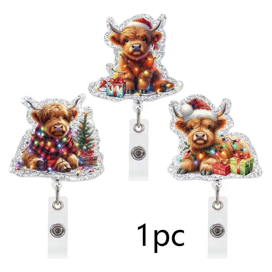 1pc Christmas Retractable Badge Reel, Christmas Highland Cow Pattern Retractable Card Holder, Suitable For Nurses, Doctors, Teachers, Back To School, Halloween, Christmas - A - View 1