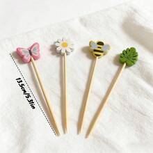 100pcs Cute Floral Animal Bamboo Food Picks, Multi-Color Bee Butterfly Daisy Leaf Decorative Skewers, Suitable For Picnic Tea Party Birthday Salad Fruit Cake Tabletop Decoration - Multicolor - View 4