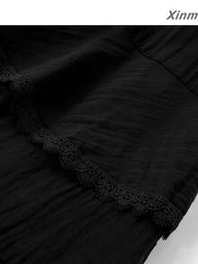 Elegant Layered Skirt With Lace Patchwork And Ruffle Hem, Soft Spring/Summer Style, Versatile For Travel, Casual And Vacation Wear - Black - View 4