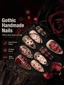 10pcs Pointed Almond Shape Gothic Style Press-On Nails, Dark Style Handmade Wearable Nail Tips, 3D Metallic Silver Texture Halloween Exclusive Manicure - Multicolor - View 9