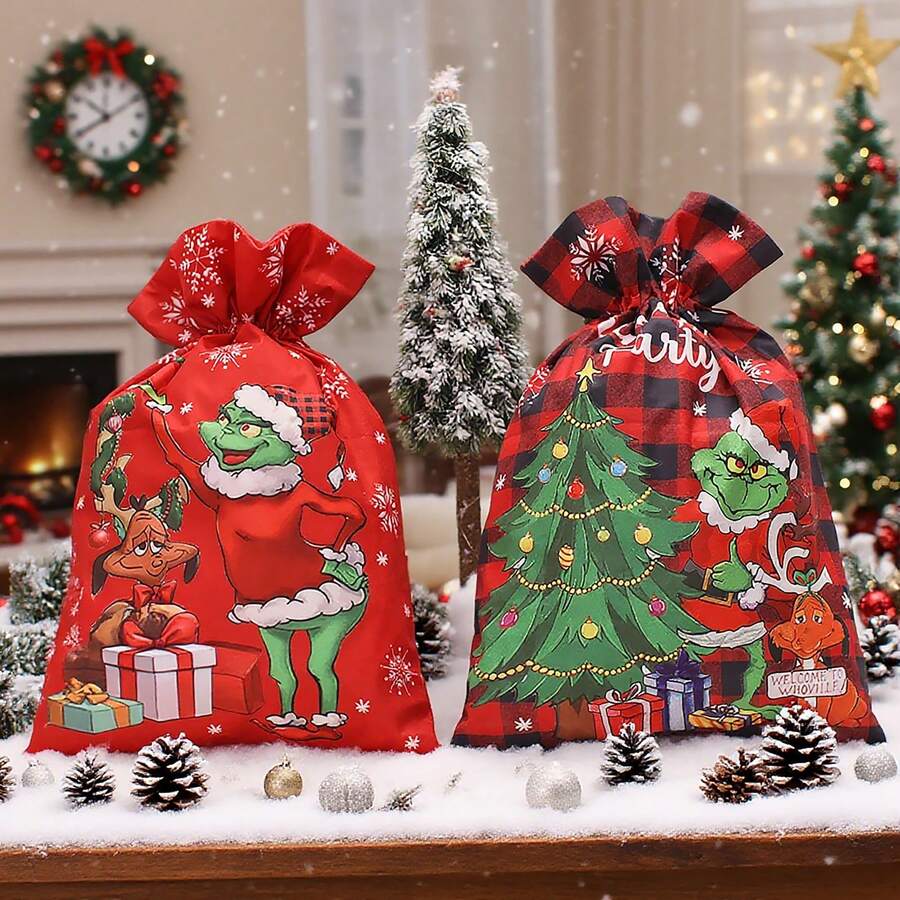 The Grinch Double Drawstring Gift Bag, Holiday Gift Storage, Candy Packaging, Suitable For Party Organizers Holiday Gift Giving Storage Scene Decoration Packaging Bag - A - View 1