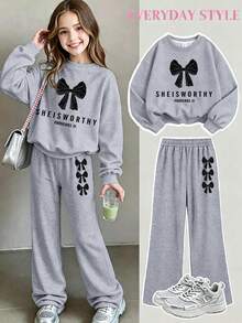 2pcs/Set Girls Big Tween Girl Round Neck Sweatshirt And Wide Leg Pants Outfit, Black Bow Print Round Neck Sweatshirt + Wide Leg Pants Matching Set, Suitable For Autumn/Winter Daily Wear - Multicolor - View 11