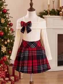 Christmas Girls' Autumn/Winter Spaghetti Strap Off-Shoulder Bow Top And Plaid Skirt Set - Multicolor - View 2