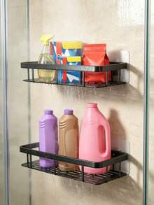 Bathroom Storage Rack, No-Drill Wall-Mounted Black Shower Caddy, Designed For Toiletries; Minimalist Corner Shower Storage Rack, Bathroom Toiletries Organizer. Suitable For Home, Rental, Dorm - Multicolor - View 5