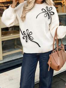 Women's Chic White Pullover Knitwear Sweater Tops With Black & White Floral Jacquard Detail, Long Sleeve Regular Fit, Autumn Outfits Women - Beige - View 2