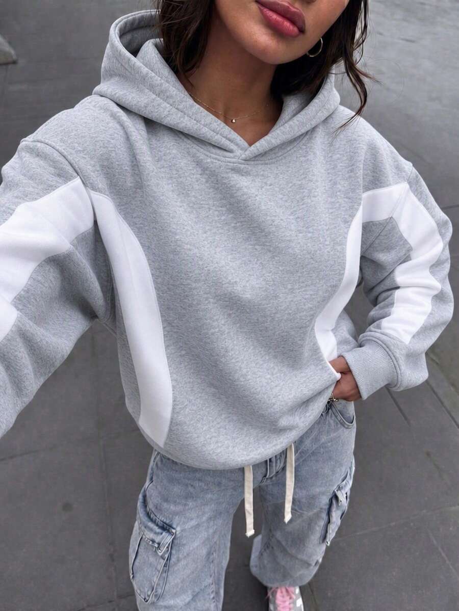 Women's Autumn Thermal Lined Hooded Long Sleeve Knit Streetwear Sweatshirt - Light Grey - View 1
