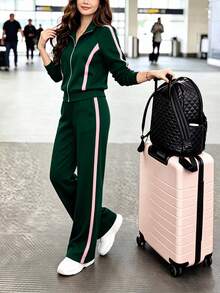 Comfortable Black 2 Pieces Sports Set, Women's Style, Zipper Neckline Top With Drawstring Pants, Slightly Elastic Fabric - Dark Green - View 2