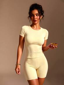 XLLAIS Women's Casual Slim Fit Solid Color Short Sleeve Round Neck T-Shirt, Yellow, Summer - Mustard Yellow - View 10