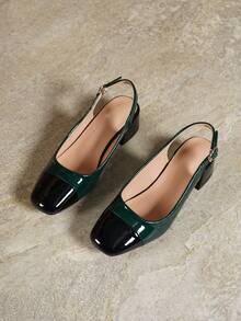2026 New Vintage Patchwork Crocodile Texture Square Toe Backless 4cm Chunky Heel Sandals With Adjustable Buckle Strap, Snug Fit To Foot Shape, Easy Walking, Suitable For Daily Commute, Dating, Party And Multiple Outfit Scenarios Women's Shoes - Black Ink Green - View 6