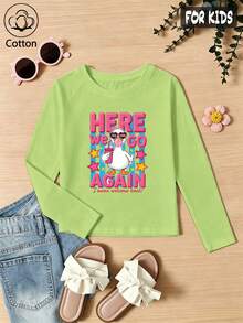 Girls Cotton Raglan Long Sleeve Tee For Fall Winter, Cartoon Duck Print With Stars, Cute Sweet Preppy Style - Fruit Green - View 3