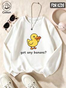 Cotton Girls Crew Neck Pullover Sweatshirt, Loose Fit Fall Winter Yellow Duck Print "Got Any Bananas?" Long Sleeve, Cute Sweet Preppy Style - White - View 1