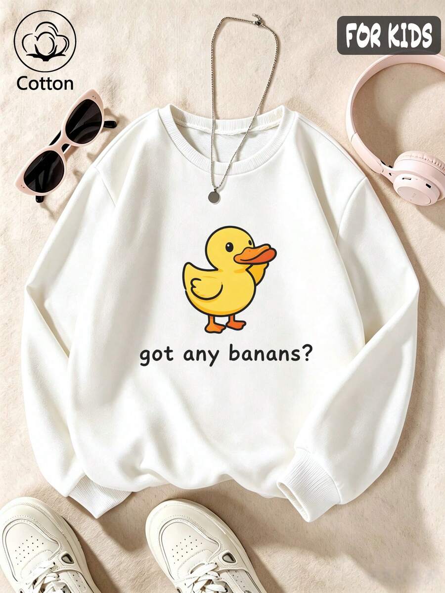 Cotton Girls Crew Neck Pullover Sweatshirt, Loose Fit Fall Winter Yellow Duck Print "Got Any Bananas?" Long Sleeve, Cute Sweet Preppy Style - White - View 1