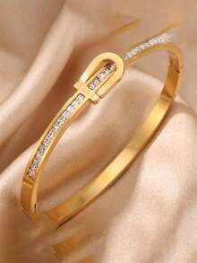 5/1pcsQuiet‑Luxury Stack Bracelet Set, Gold‑Tone Heart Pendant Roman Numeral Zirconia Stainless Steel Bangles For Daily Outfit & Trips - Gold - View 8
