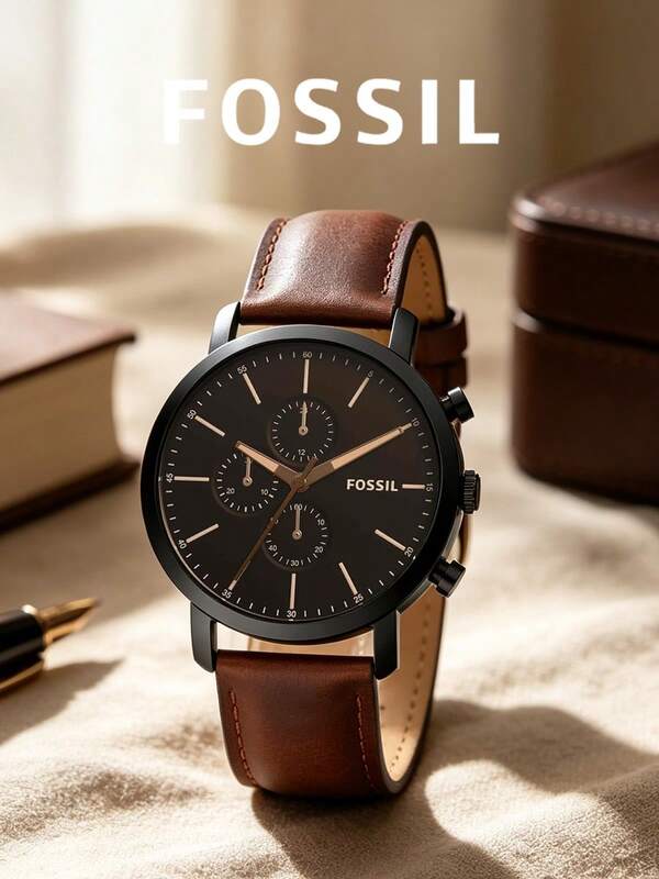 Fossil Luther 44mm Matte Black PVD Stainless Steel Men Chronograph Watch Black Dial Silver Stick Markers BQ2461