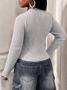 Women's Ribbed Knit V-Neck Long Sleeve Cropped Top, Fashionable Knit Winter Blouse, Comfortable For Daily Wear As Inner Layer Or Outerwear - Grey - View 6