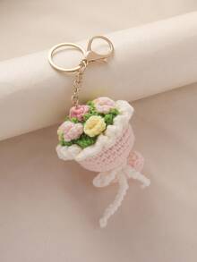 1pc Cute 3D Crochet Flower Bouquet Shaped Bag Charm, Sweet Style Pink Keychain, Girls Daily Carry Bag Pendant, Holiday Gift - Flowers - View 5