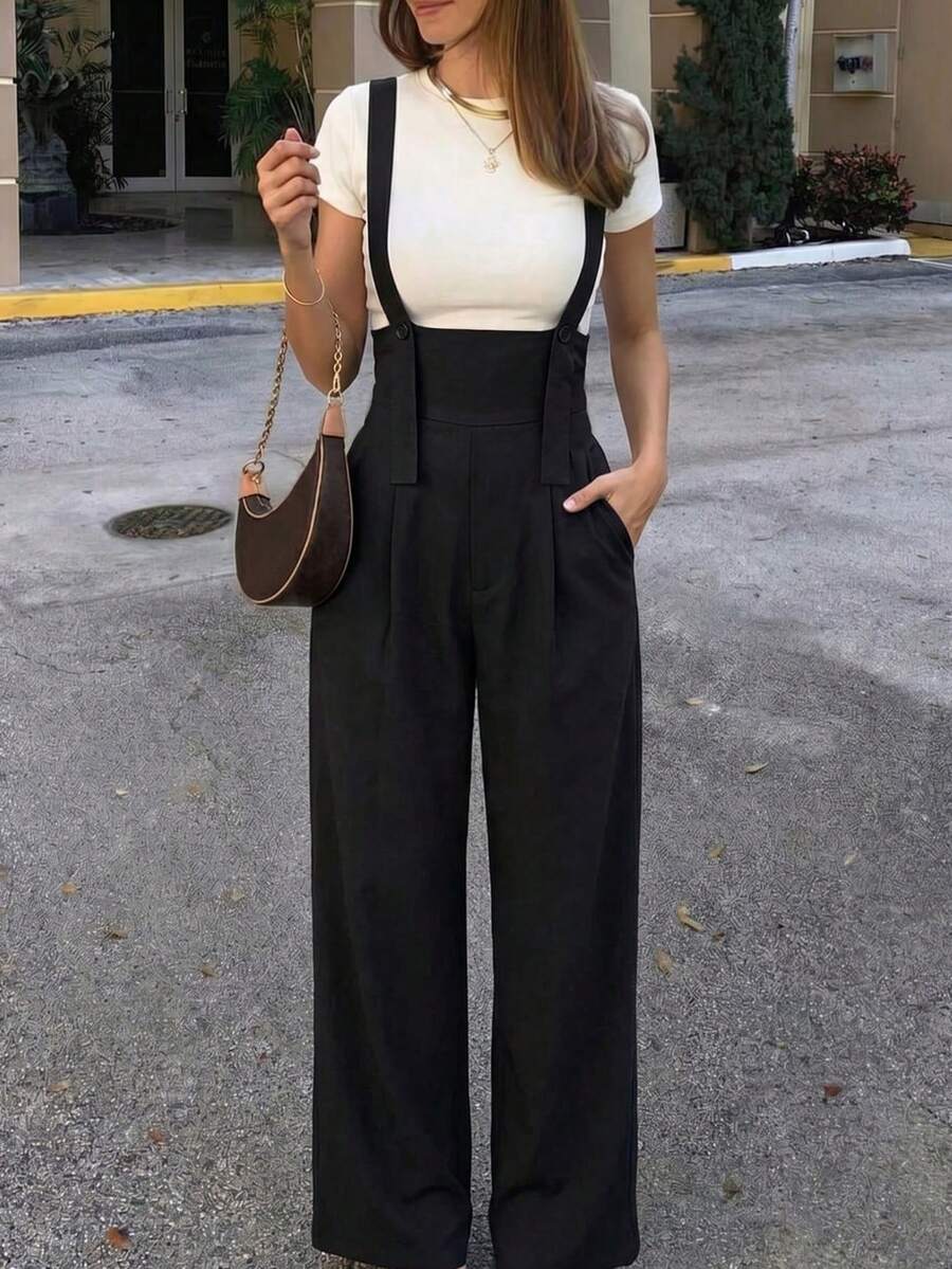 Casual Women's Solid Color Jumpsuit, Sleeveless Square Neck Woven Jumpsuit, Wide Leg Design, With Pockets,