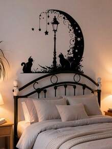 Black Moon Aesthetic Pattern Street Lamp Cat Wall Sticker, Decorative Bedroom Living Room Kitchen Dining Room Self-Adhesive Painting, Removable PVC Wall Decal - B - View 6