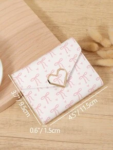 Dompet Wanita Multifungsi Minimalis Kasual dengan Motif Pita, Dompet Multifungsi dengan Dekorasi Hati Logam, Dompet Lipat Tiga untuk Wanita - Putih - View 11