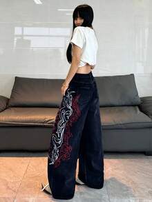1pc Women's Loose Fit Embroidered Wide Leg Jeans, Comfortable Casual High Street Versatile Denim Pants (Belt/Accessories Not Included) Spring Fall - Dark Wash - View 10