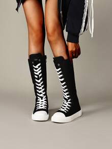 All-Season Outdoor Women's Fashion Flat Over-The-Knee Boots, Built-In Zipper, Breathable Lightweight Comfortable Athletic Shoes, Black All-Season, Fabric Upper, Suitable For Students, Parties And Daily Outings, Size 36-43, Tall Boots For Women - Black and White - View 7