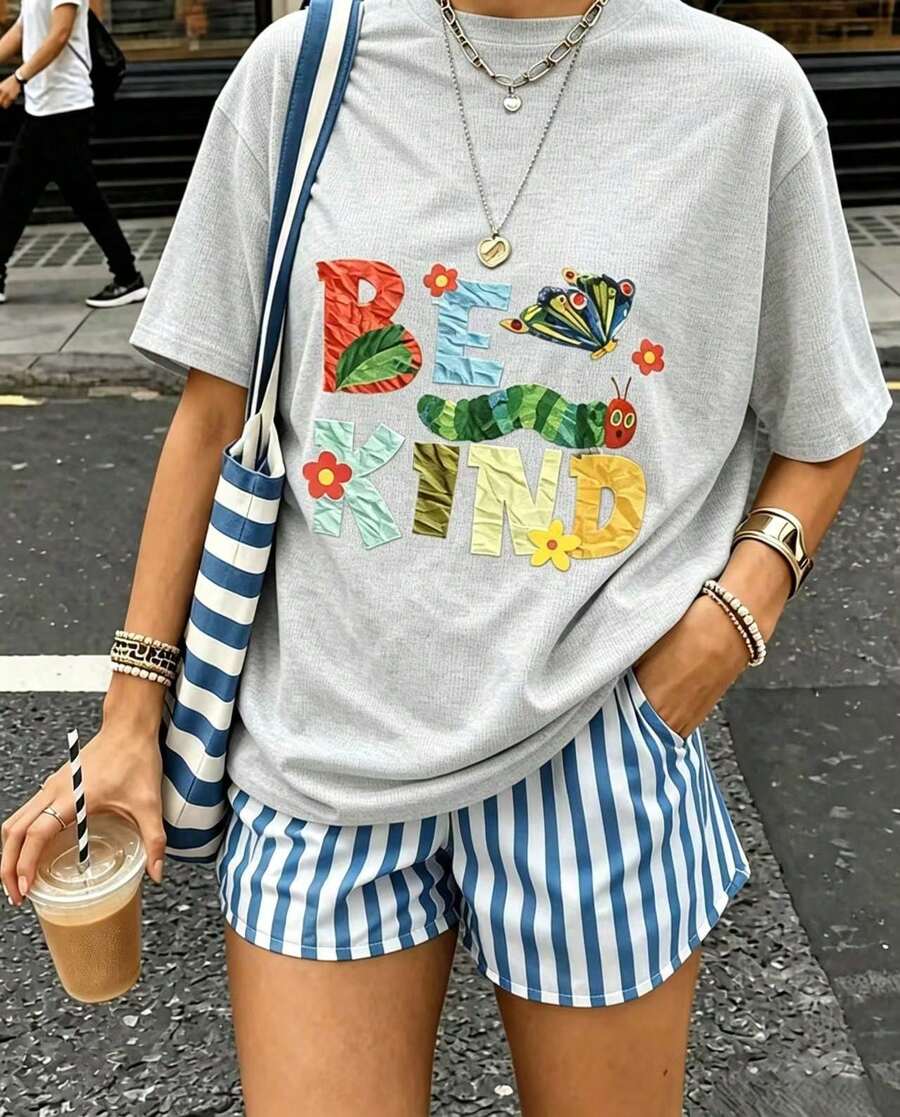 Vintage T-Shirt With Oversized Caterpillar And Butterfly Print, Cute Artistic Graphic Design, Grey, Short Sleeves, Casual, Loose Fit, For Women, Summe - Light Grey - View 1