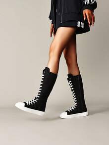 All-Season Outdoor Women's Fashion Flat Over-The-Knee Boots, Built-In Zipper, Breathable Lightweight Comfortable Athletic Shoes, Black All-Season, Fabric Upper, Suitable For Students, Parties And Daily Outings, Size 36-43, Tall Boots For Women - Black and White - View 8