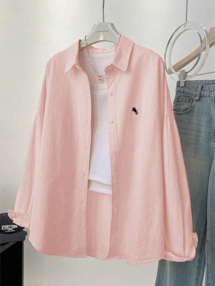 Women's Solid Color Casual Long Sleeve Shirt, Versatile Pink Spring - Pink - View 1