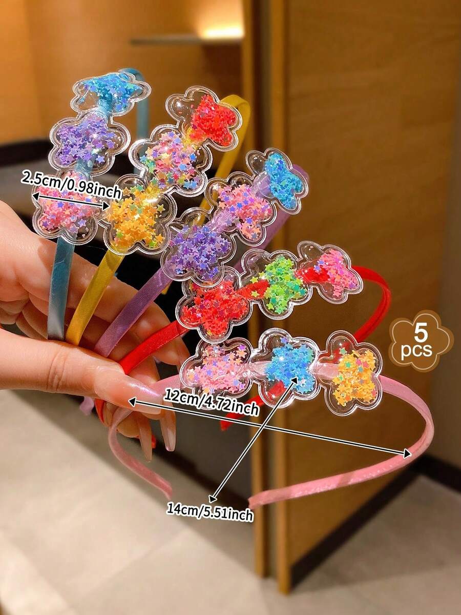 5pcs Kids Hair Accessories Colorful Quicksand Flower Hairbands For Hair Styling, No Damage - Multicolor - View 1