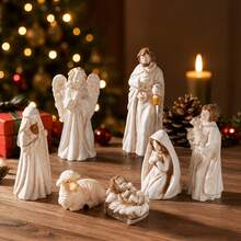 7pcs Classic Christmas Nativity Scene Art Jewelry Set, Durable Resin Material, Suitable For Nursery Decor, Traditional Christmas Gift, Handmade Warm Tone - Multicolor - View 2