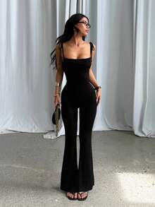 Summer Black Backless Cinched Waist Pleated Design Jumpsuit, Suitable For Commuting, Party, Gym, Concert, Beach And Festival - Black - View 4
