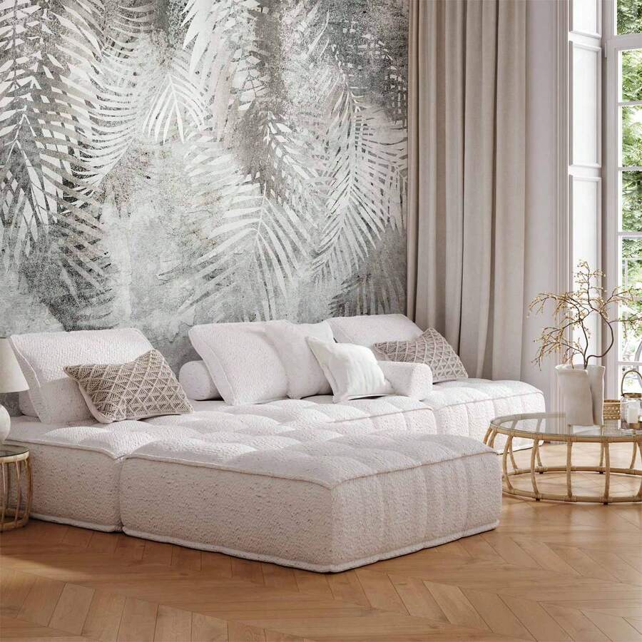 Wall Mural - Light And Shadow - Grey And White Composition With Floral Motif And Pattern - Self-adhesive - View 1