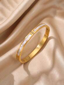 5/1pcsQuiet‑Luxury Stack Bracelet Set, Gold‑Tone Heart Pendant Roman Numeral Zirconia Stainless Steel Bangles For Daily Outfit & Trips - Gold - View 21